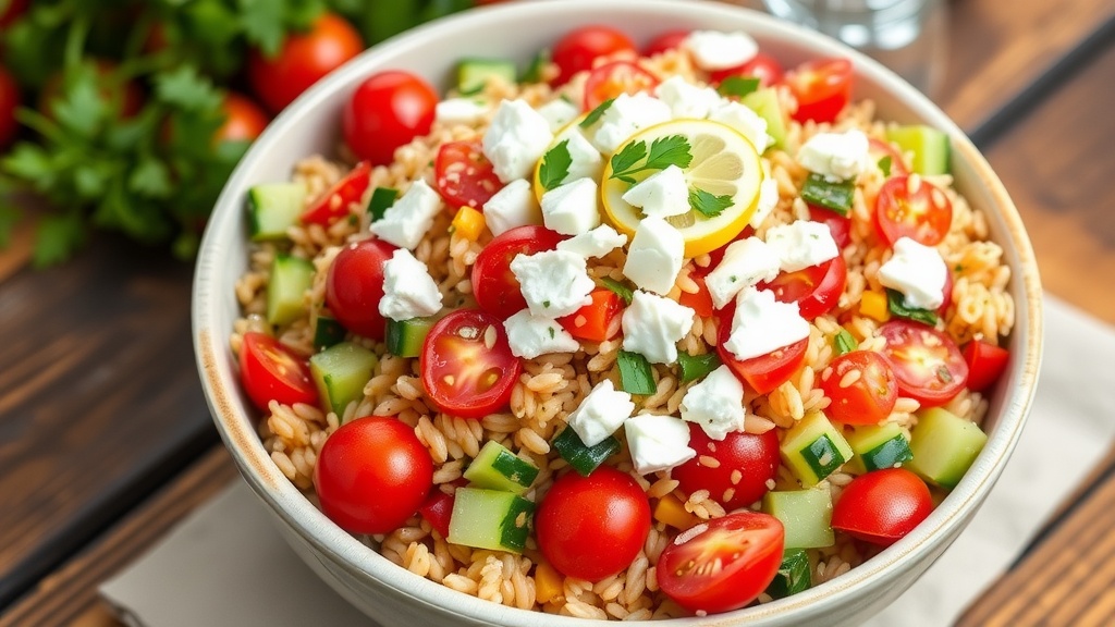Mediterranean Orzo Salad Recipe A vibrant Mediterranean Orzo Salad with colorful vegetables and feta cheese on a rustic wooden table.